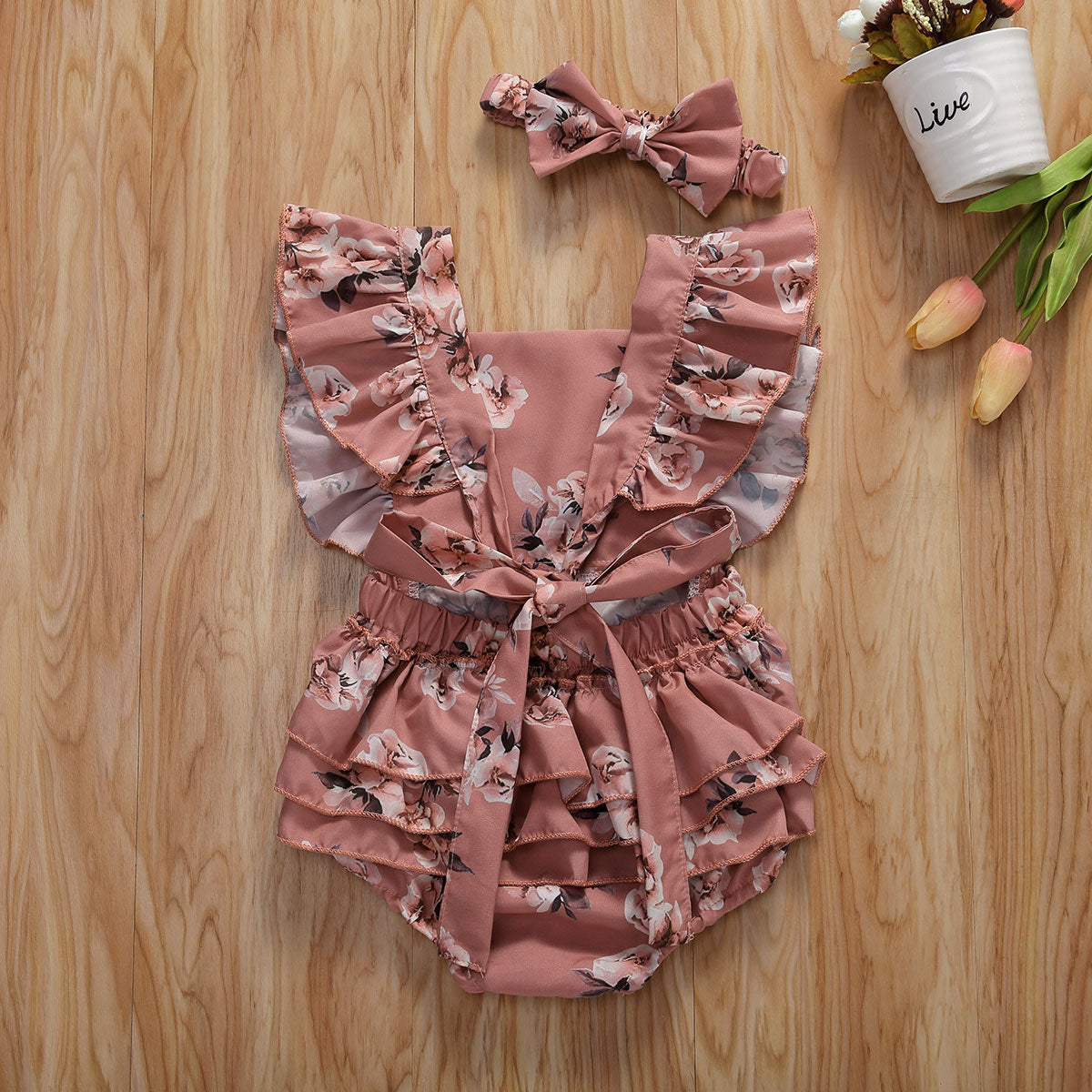 Floral Romper Sleeveless Ruffled Jumpsuits With Headband