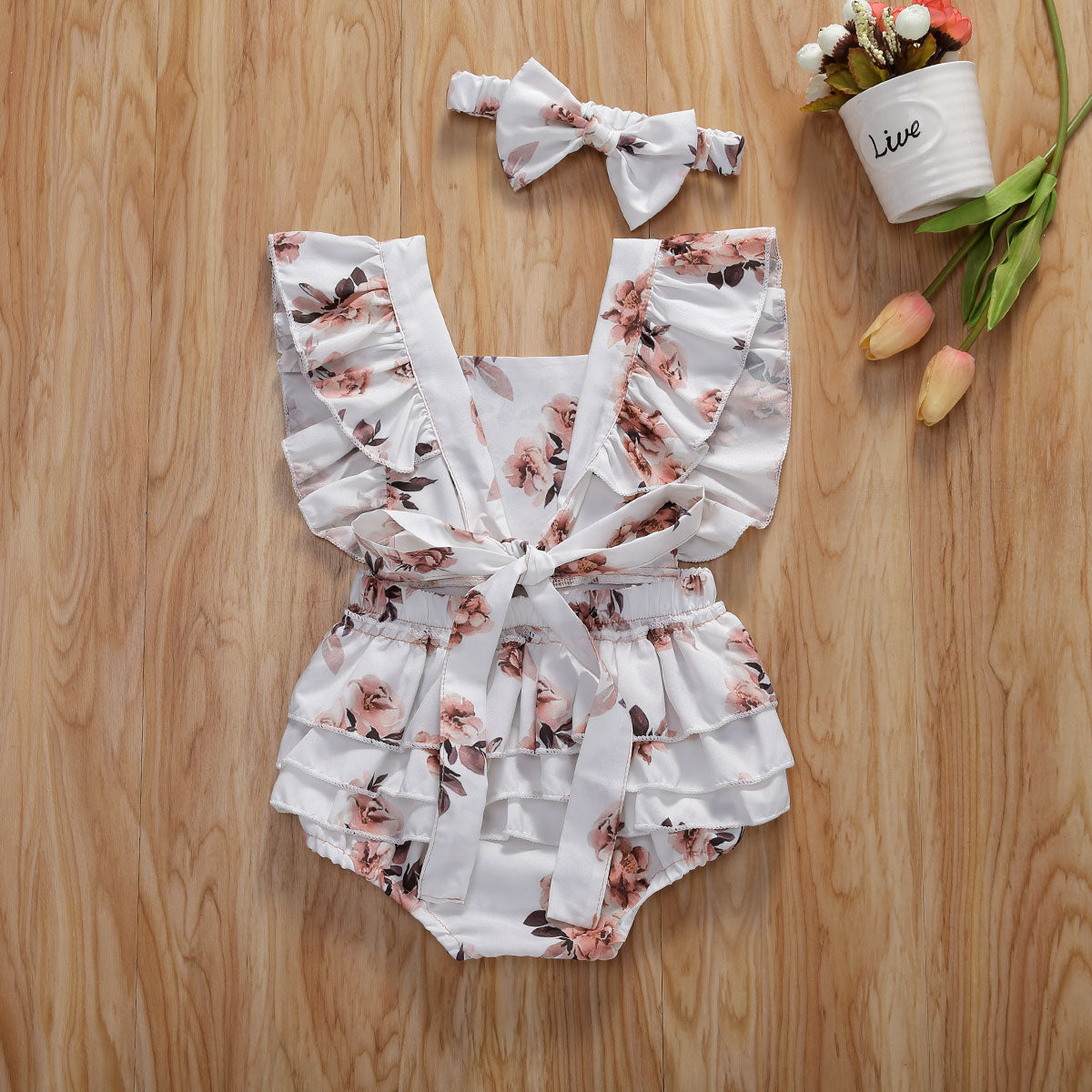 Floral Romper Sleeveless Ruffled Jumpsuits With Headband
