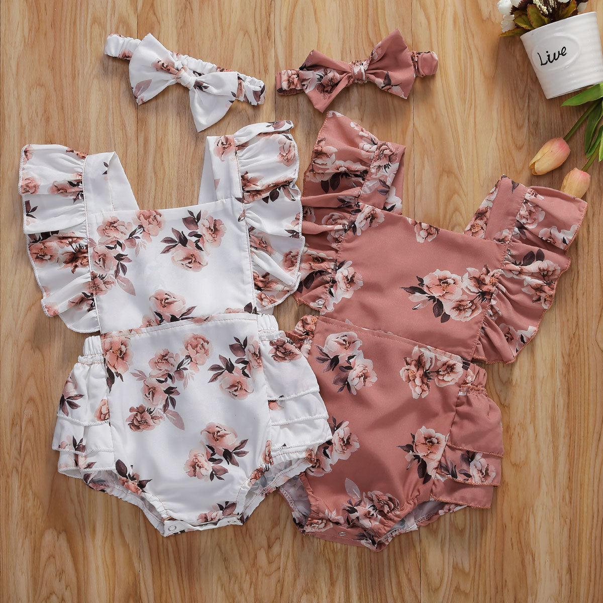 Floral Romper Sleeveless Ruffled Jumpsuits With Headband
