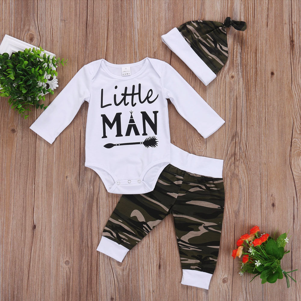 little Man 3Pcs Newborn Baby Boy Camo outfit