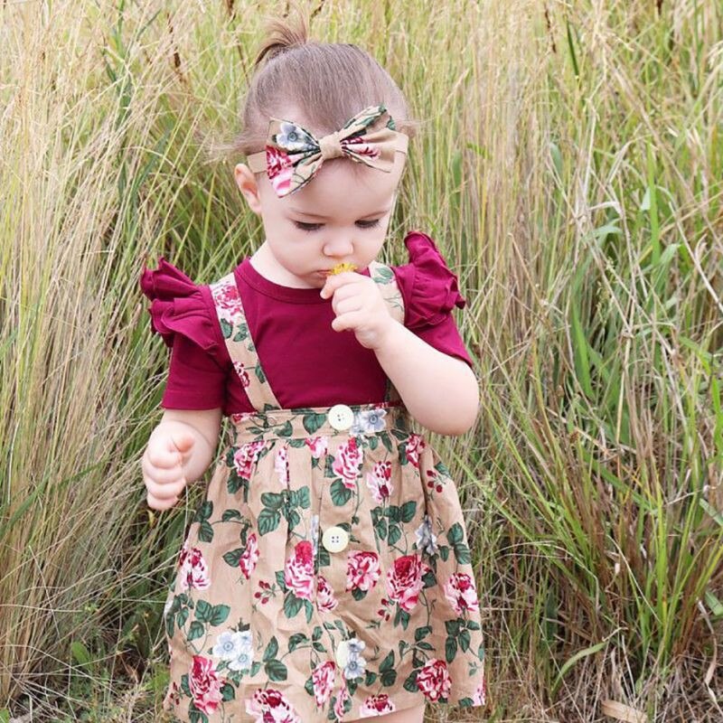 Short Sleeve Flare Romper + Floral Print Dress +Bow Headband