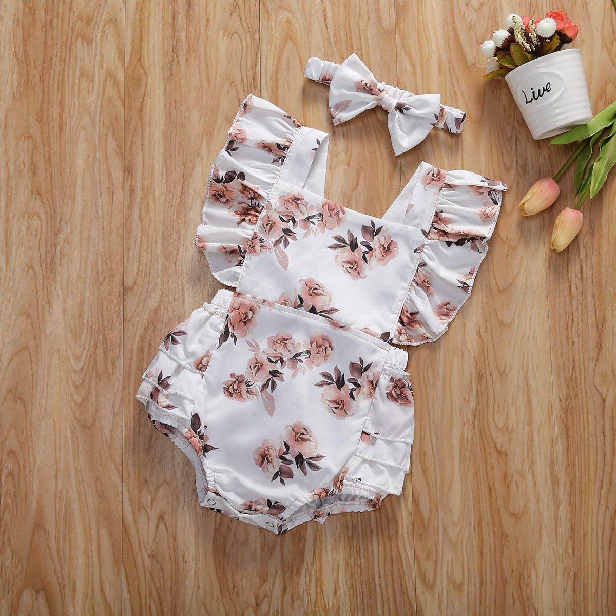 Floral Romper Sleeveless Ruffled Jumpsuits With Headband
