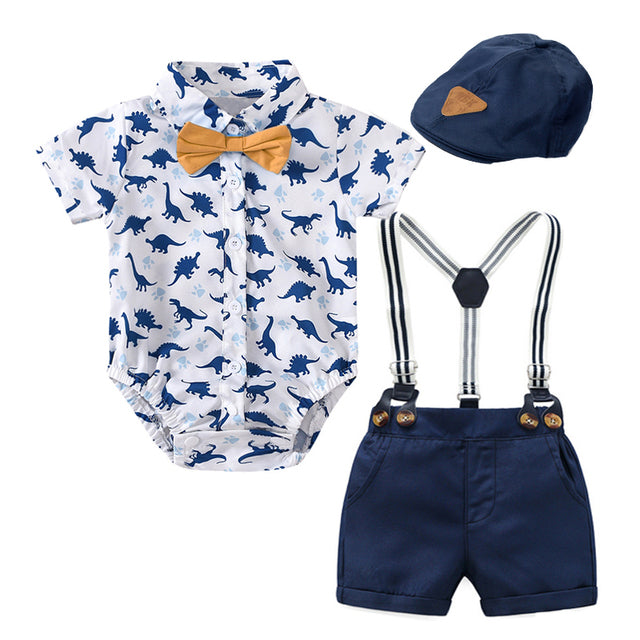 Baby Boy Clothes With Beret Newborn Baby Clothes 0 3 Months Summer Cotton Dinosaur Print Jumpsuit + Suspender Shorts Kid Outfit