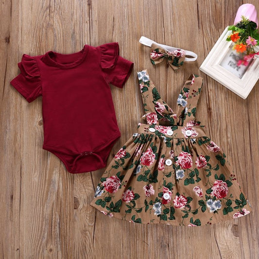 Short Sleeve Flare Romper + Floral Print Dress +Bow Headband