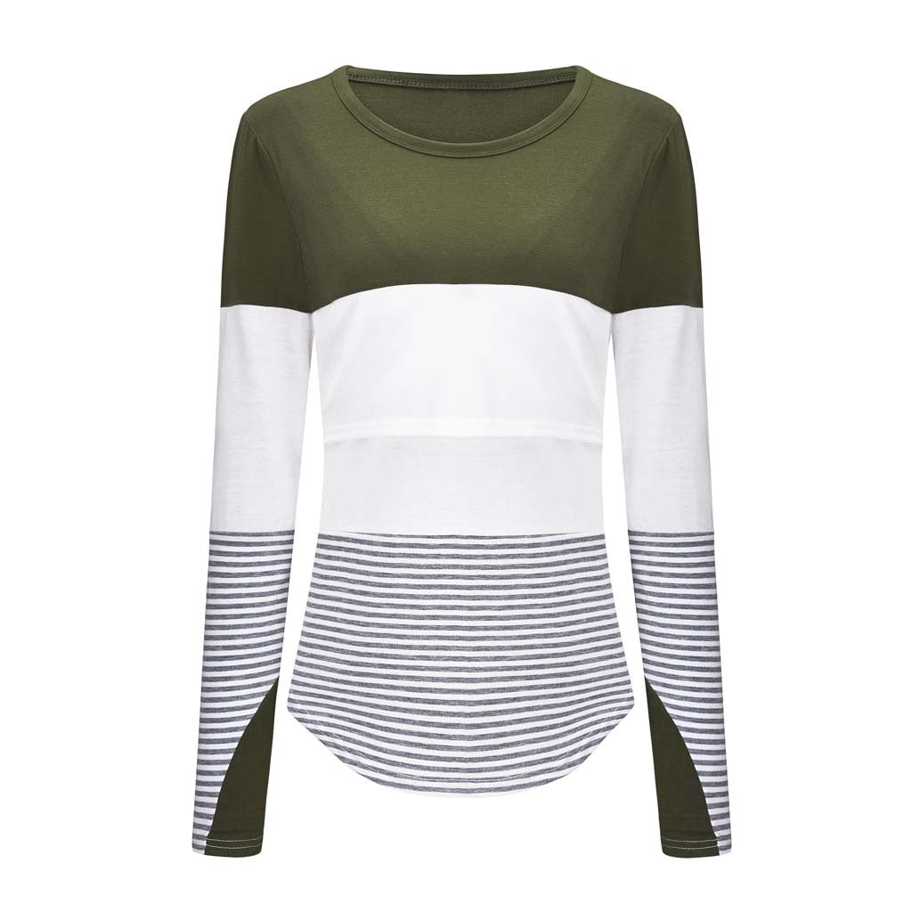 Sleeve Striped O-neck Nursing Maternity Tops