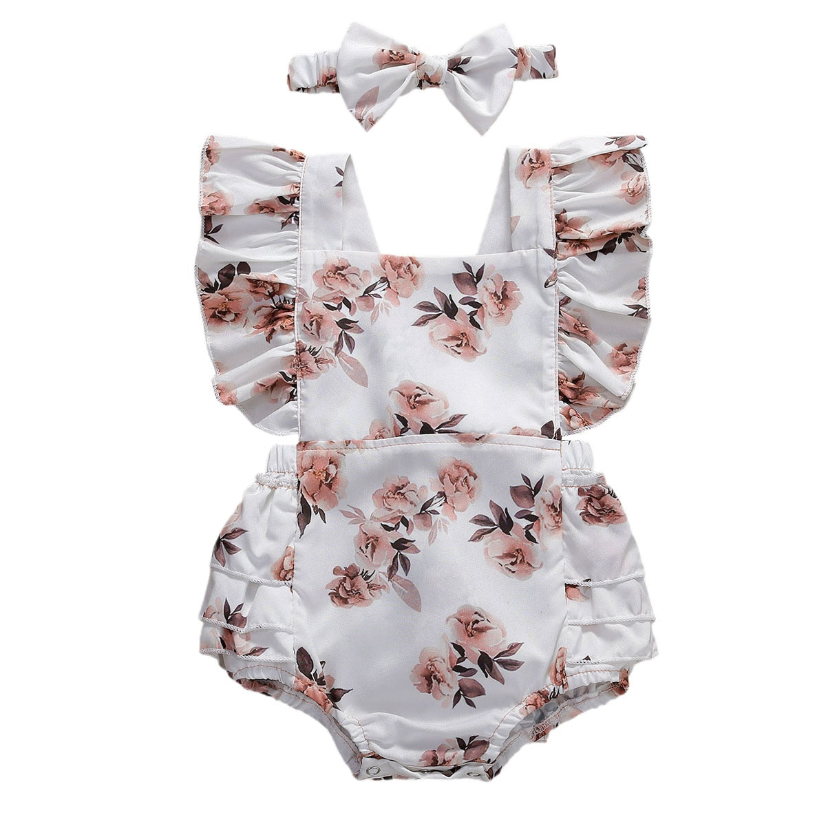 Floral Romper Sleeveless Ruffled Jumpsuits With Headband