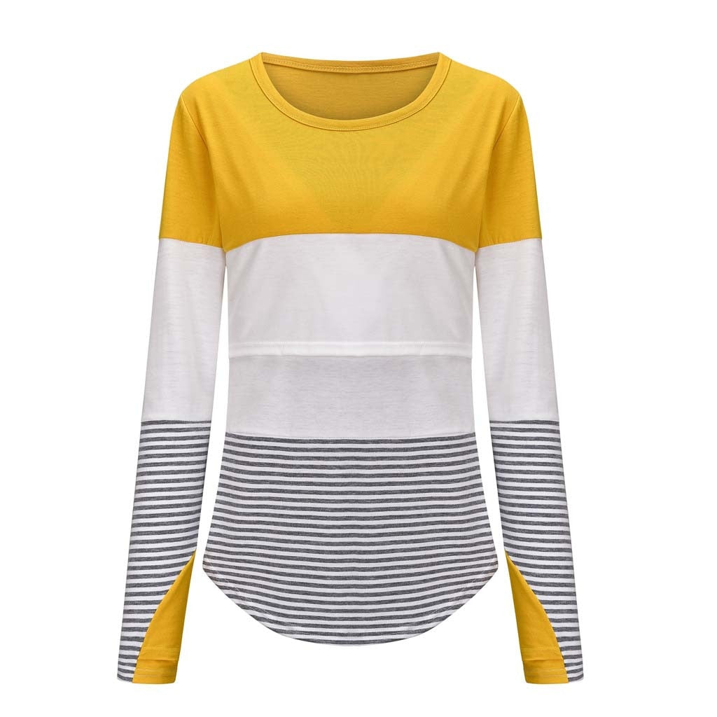 Sleeve Striped O-neck Nursing Maternity Tops