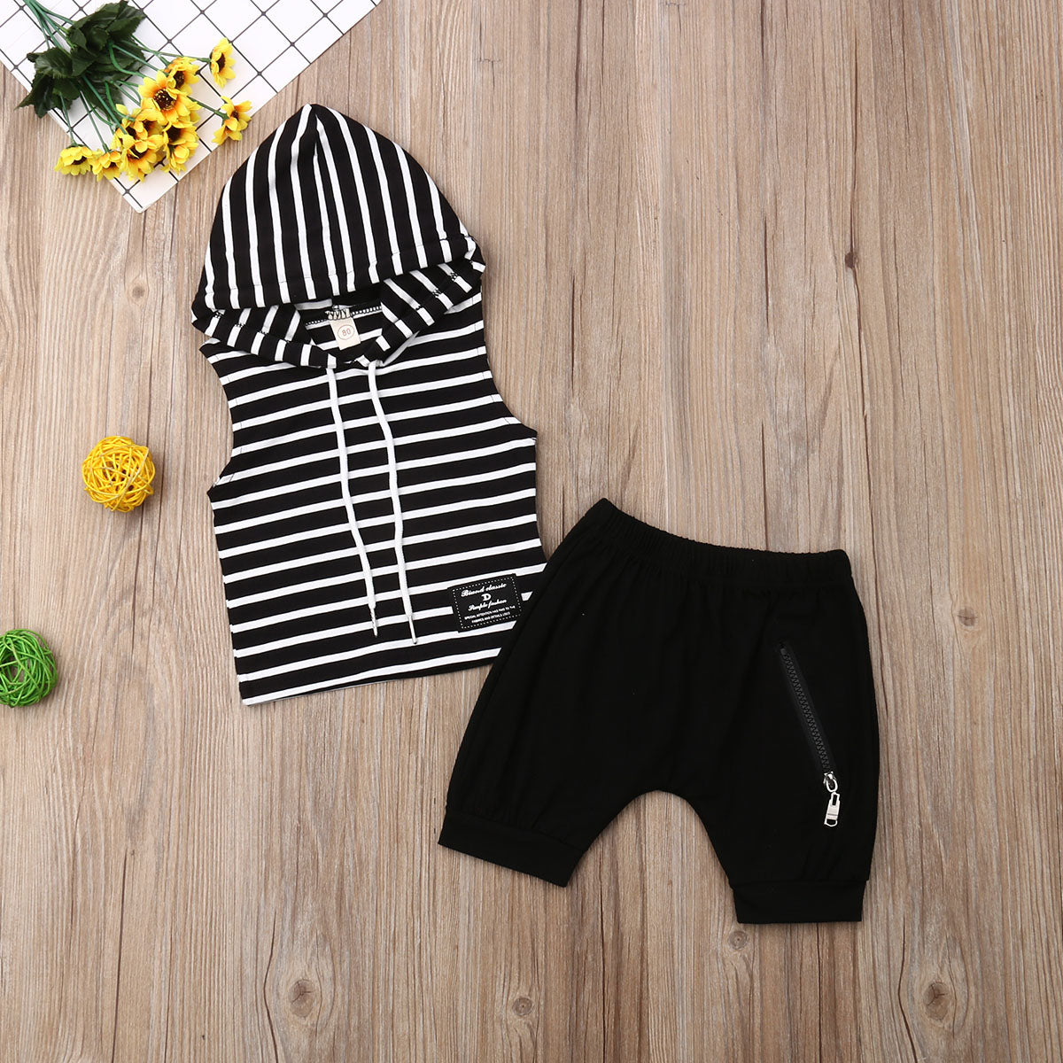 "endless stripes" Hooded Shirt & Zipper Shorts 2Pcs