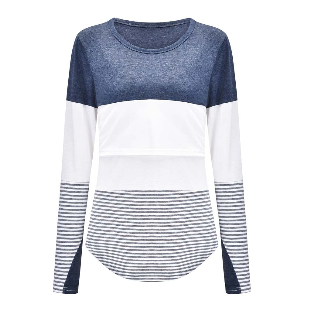Sleeve Striped O-neck Nursing Maternity Tops