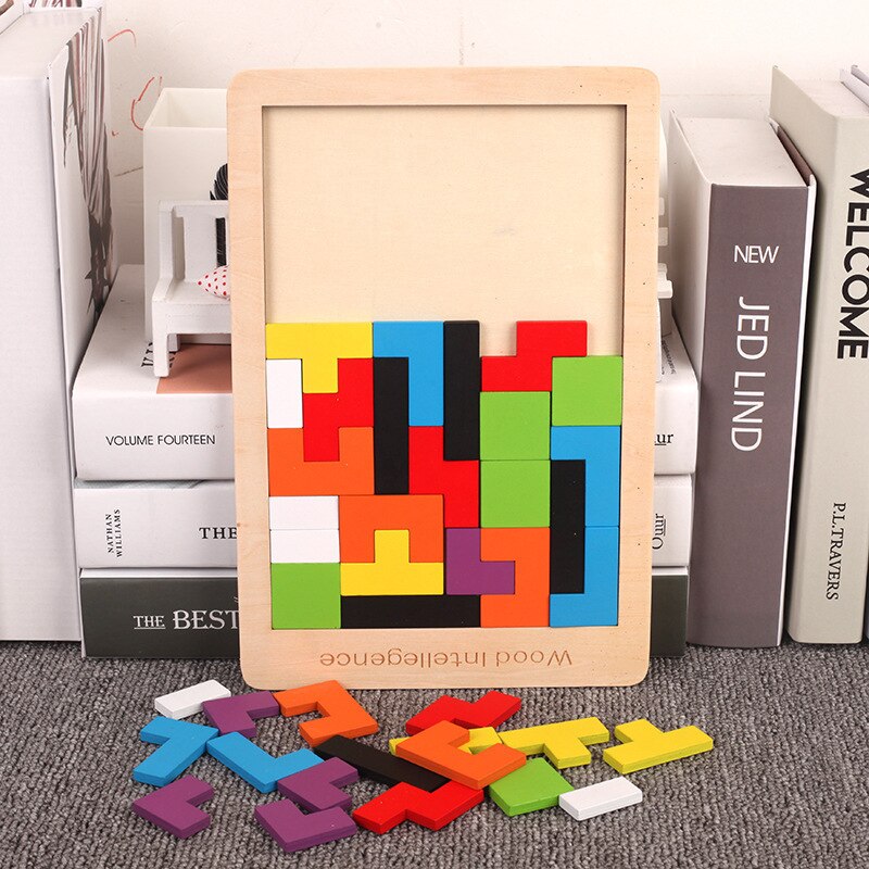 Colorful 3D Puzzle Wooden Tangram Math Toys Cube Game Children Pre-school Magination Shapes Puzzle Educational