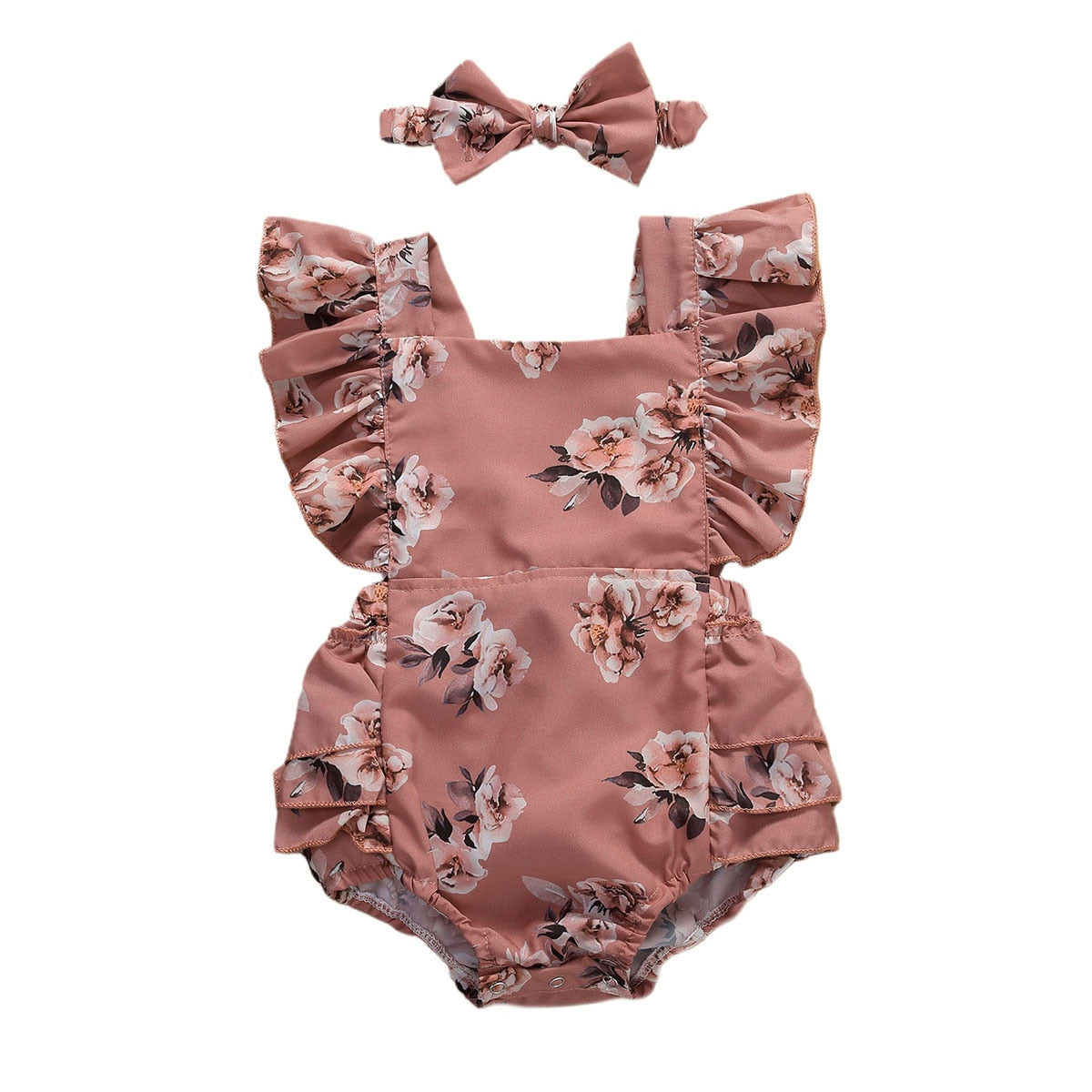 Floral Romper Sleeveless Ruffled Jumpsuits With Headband