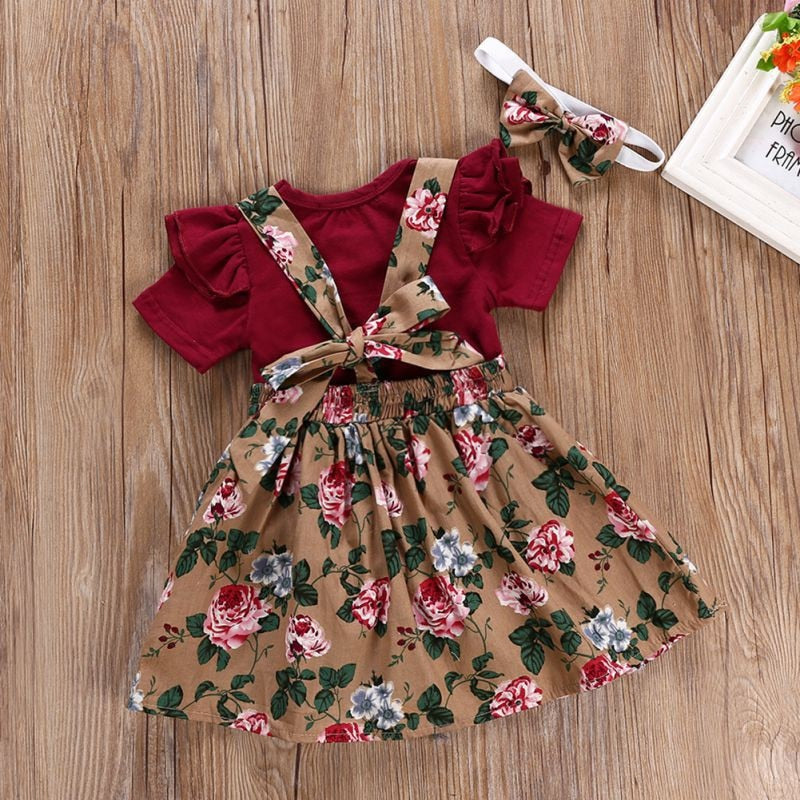 Short Sleeve Flare Romper + Floral Print Dress +Bow Headband
