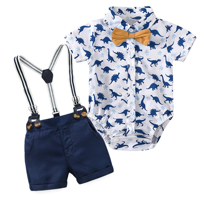 Baby Boy Clothes With Beret Newborn Baby Clothes 0 3 Months Summer Cotton Dinosaur Print Jumpsuit + Suspender Shorts Kid Outfit