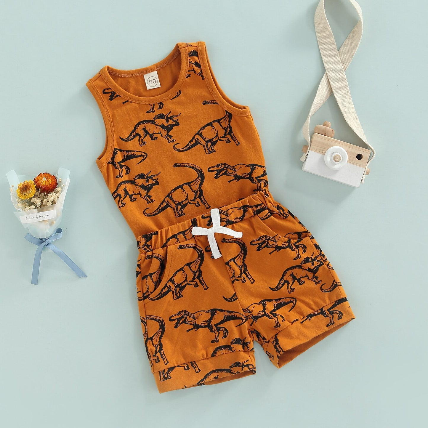 Dinosaur Tank Top with Elastic Waist Shorts Summer Outfit 2Pcs Set