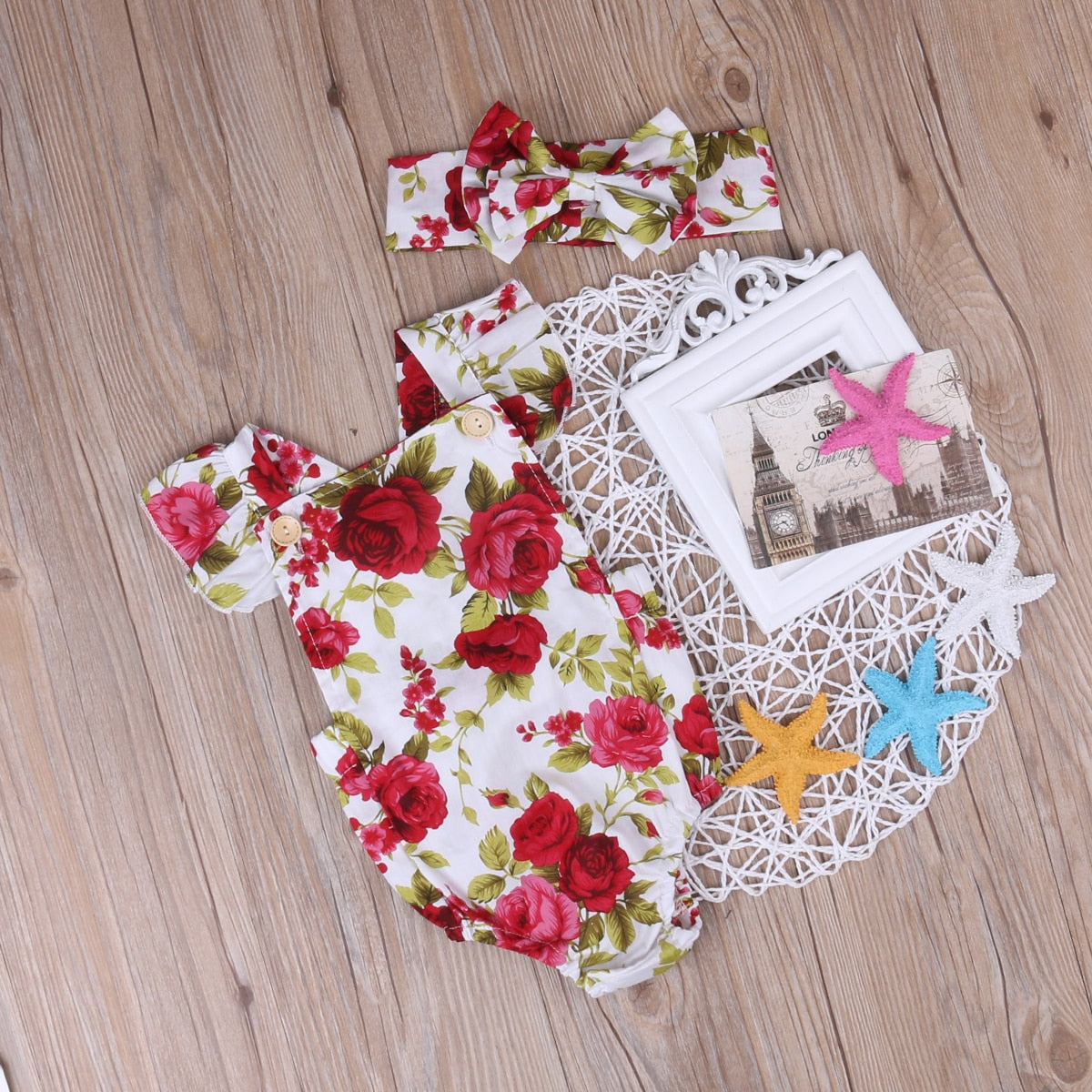 Adorable 2pcs Rose Romper+Headband