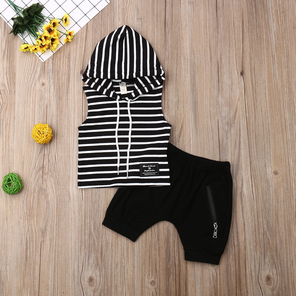 "endless stripes" Hooded Shirt & Zipper Shorts 2Pcs