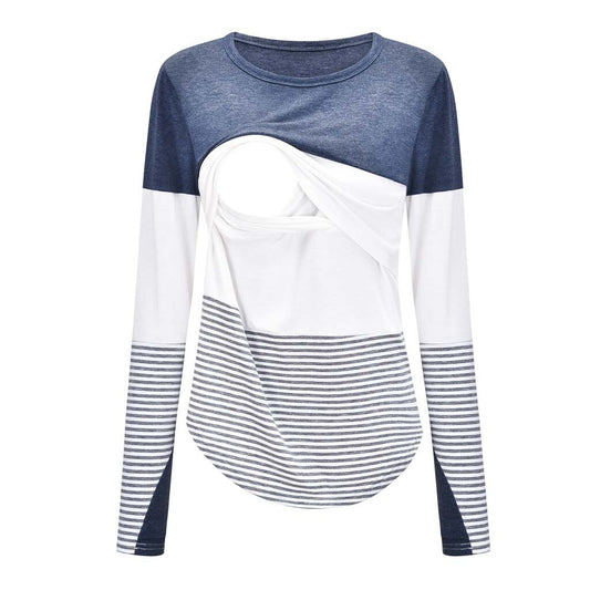 Sleeve Striped O-neck Nursing Maternity Tops