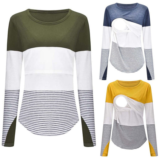 Sleeve Striped O-neck Nursing Maternity Tops