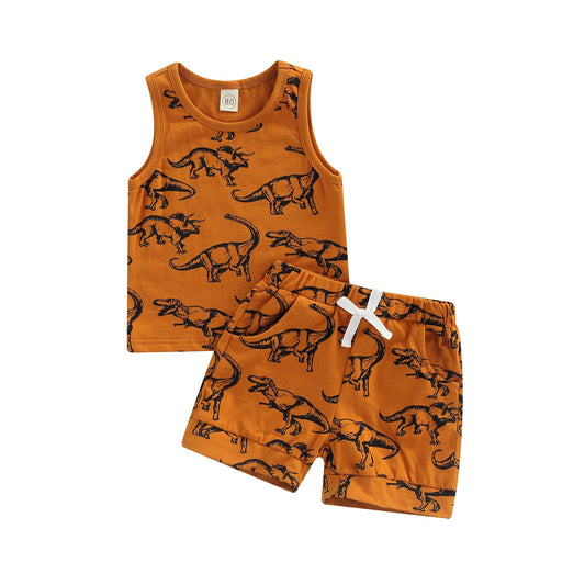 Dinosaur Tank Top with Elastic Waist Shorts Summer Outfit 2Pcs Set