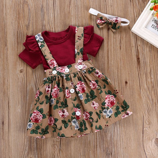 Short Sleeve Flare Romper + Floral Print Dress +Bow Headband